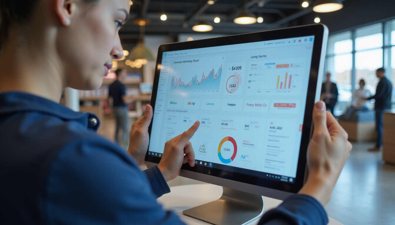  Retail manager analyzing contactless pickup dashboard, rising profit graphs, efficient staff, modern store