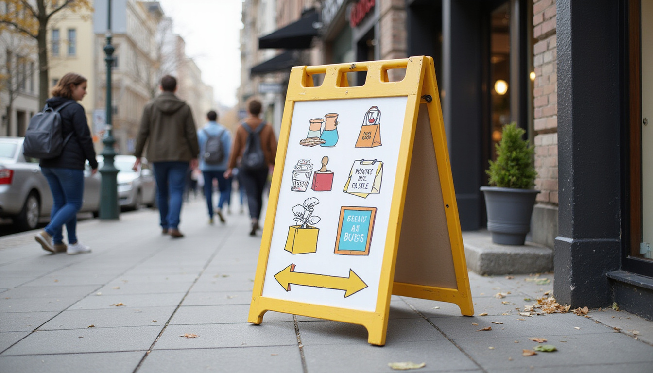  Creative sidewalk A-frame sign surrounded by curious shoppers, illustrated icons, directional arrows, modern minimalism