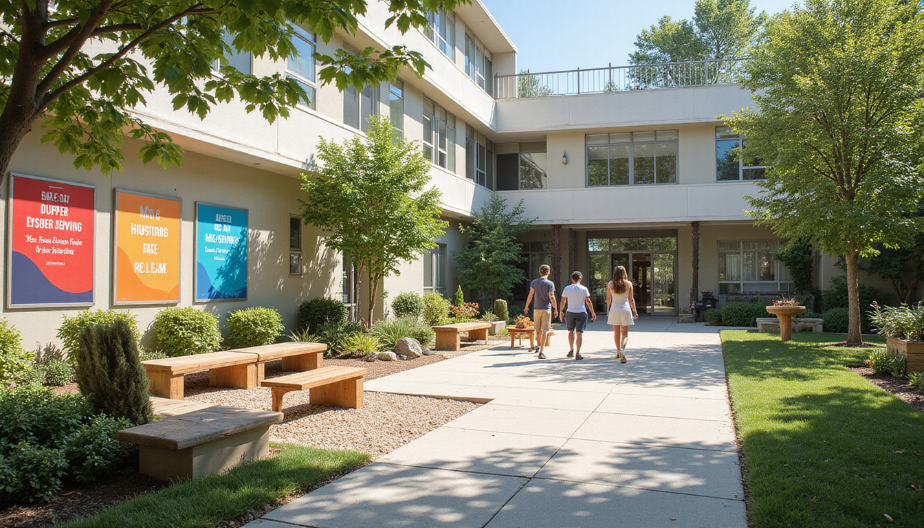  Serene outdoor courtyard of rehab facility, peaceful seating, recovery posters, hopeful individuals walking
