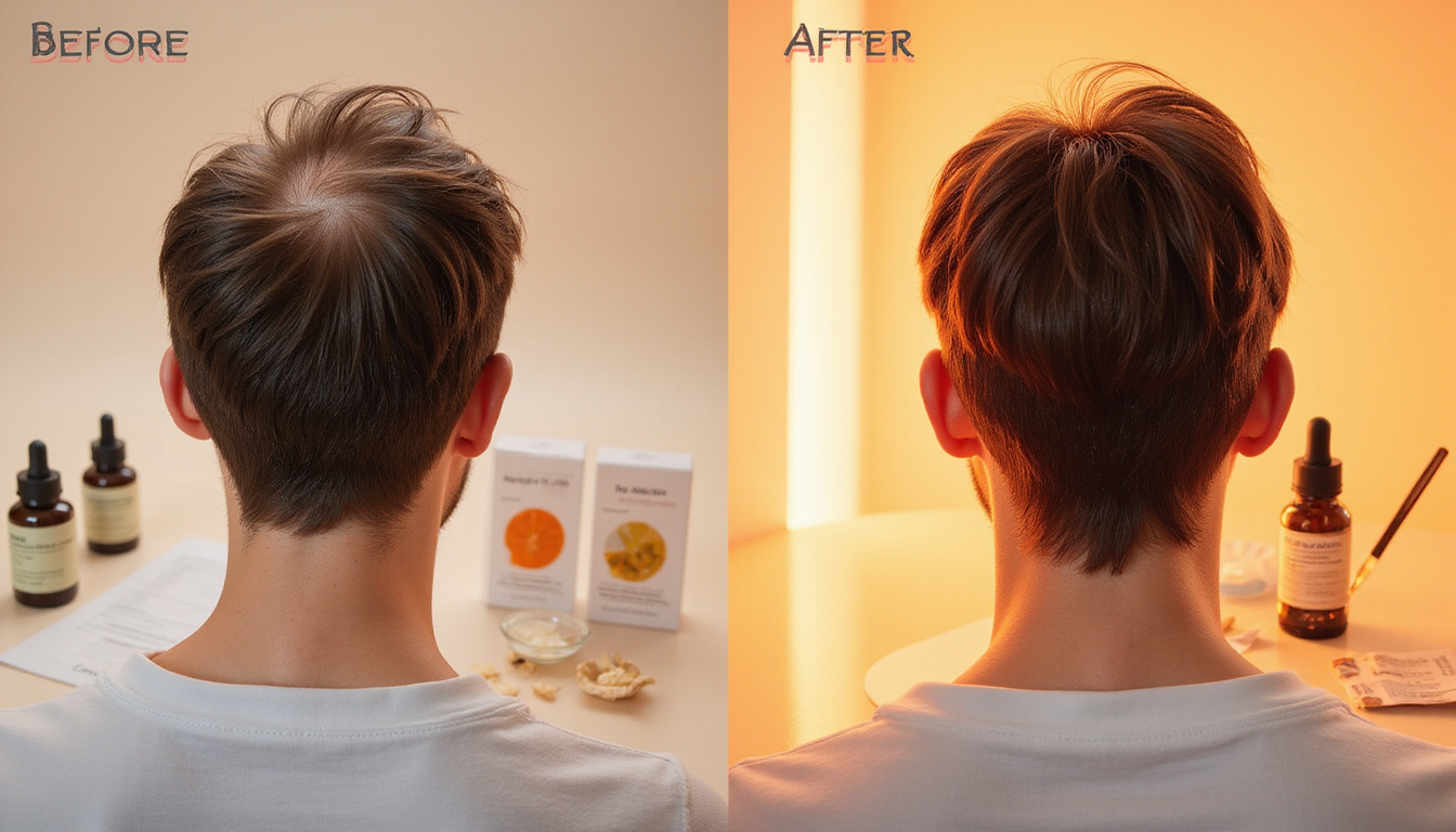  Before-and-after montage: thinning scalp to thick hair, medical charts, topical serums, warm lighting