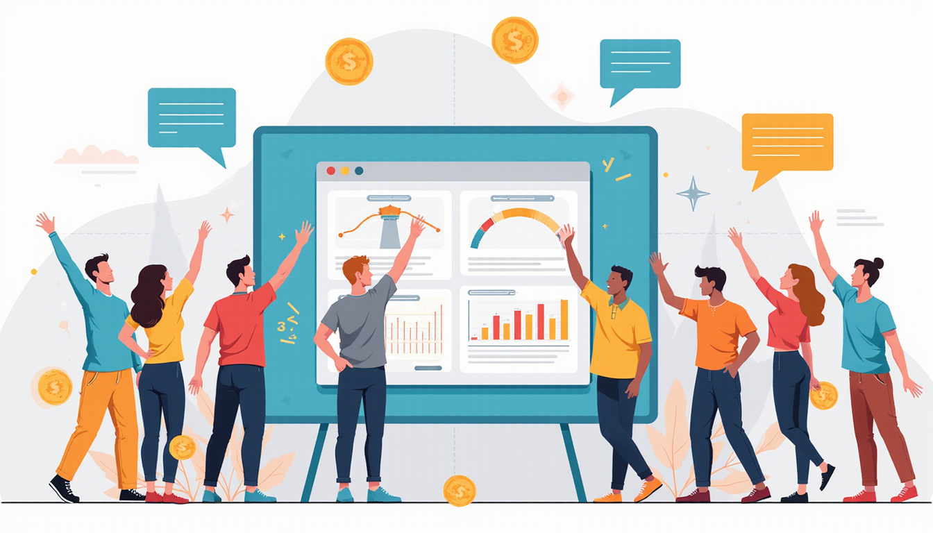  Team of marketers celebrating beside giant OKR board, pipelines funneling users, golden revenue streams