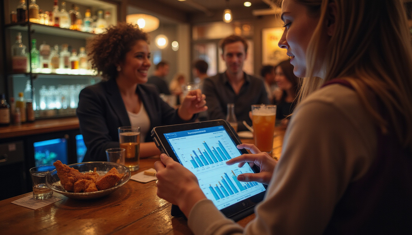  Nighttime bar scene showing profit charts on tablet, responsible service, happy customers celebrating