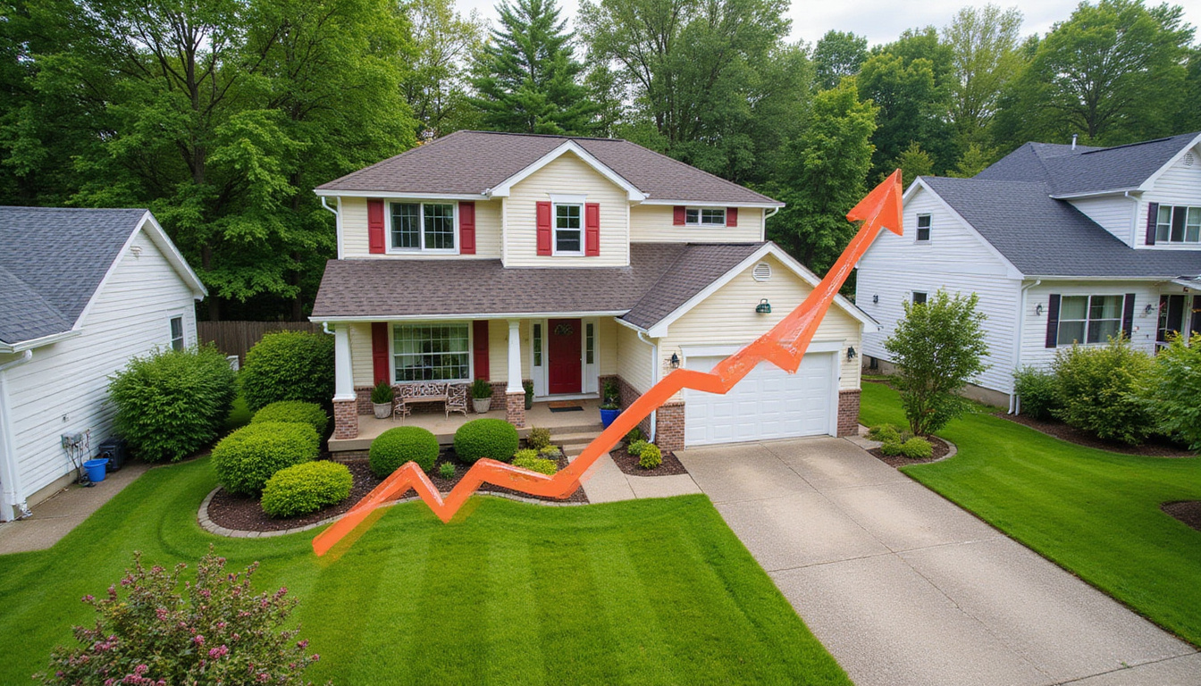 Aerial view of renovated suburban home, manicured lawn, upward price arrow overlaid