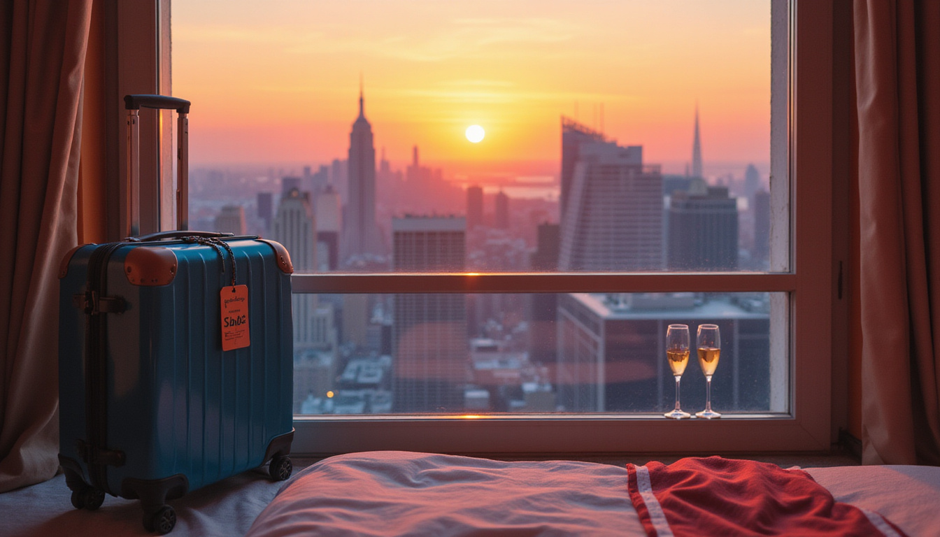  Luxury suite balcony overlooking city skyline at sunset, suitcase with sale tag, champagne glasses