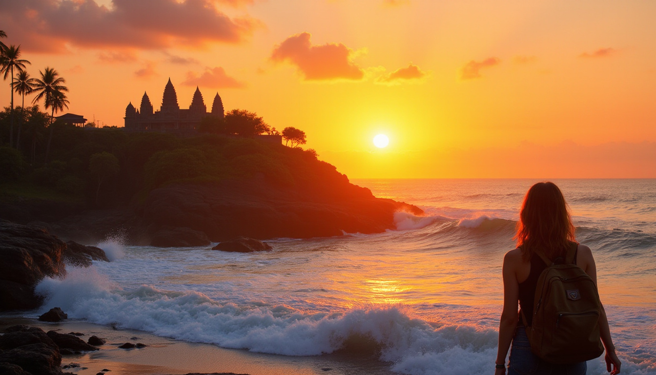  Sunset Tanah Lot temple, dramatic waves, golden light, budget traveler with backpack, palm silhouettes
