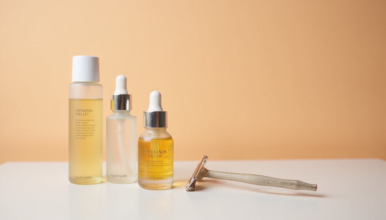 Minimalist skincare still life: glass serums, clean razor, glowing dewy skin philosophy, calming neutral tones