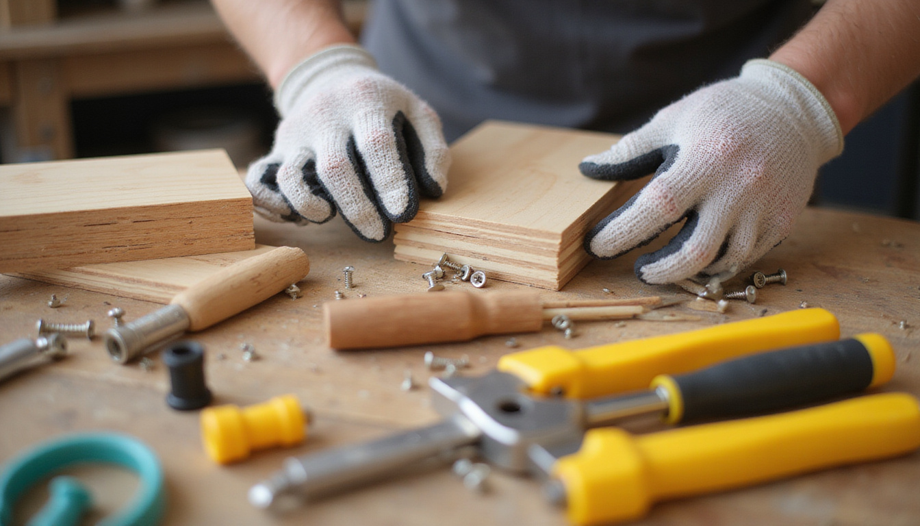  Close-up hands prying hidden screws, protective gloves, stacked cabinet panels, neat tool layout
