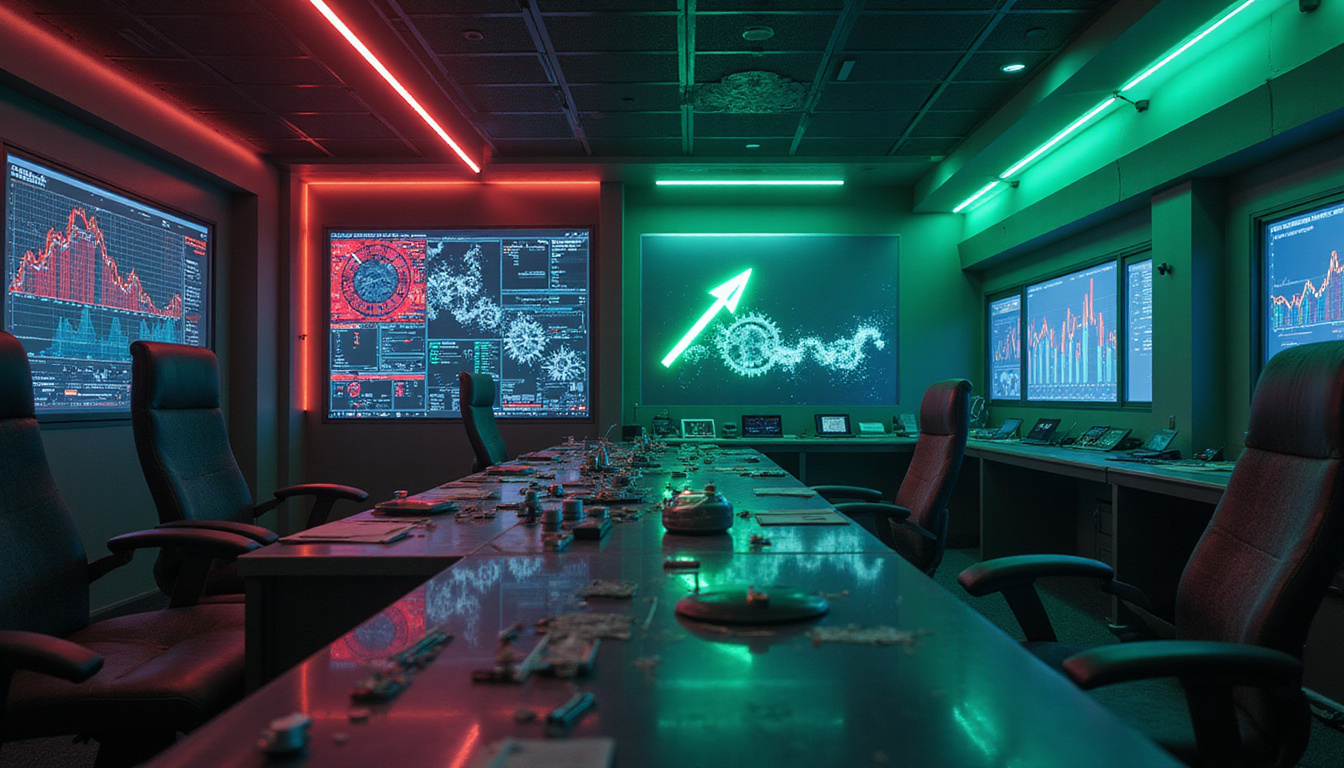  Minimalist control room with holographic ticket charts, gears turning, stopwatch, upward green arrow