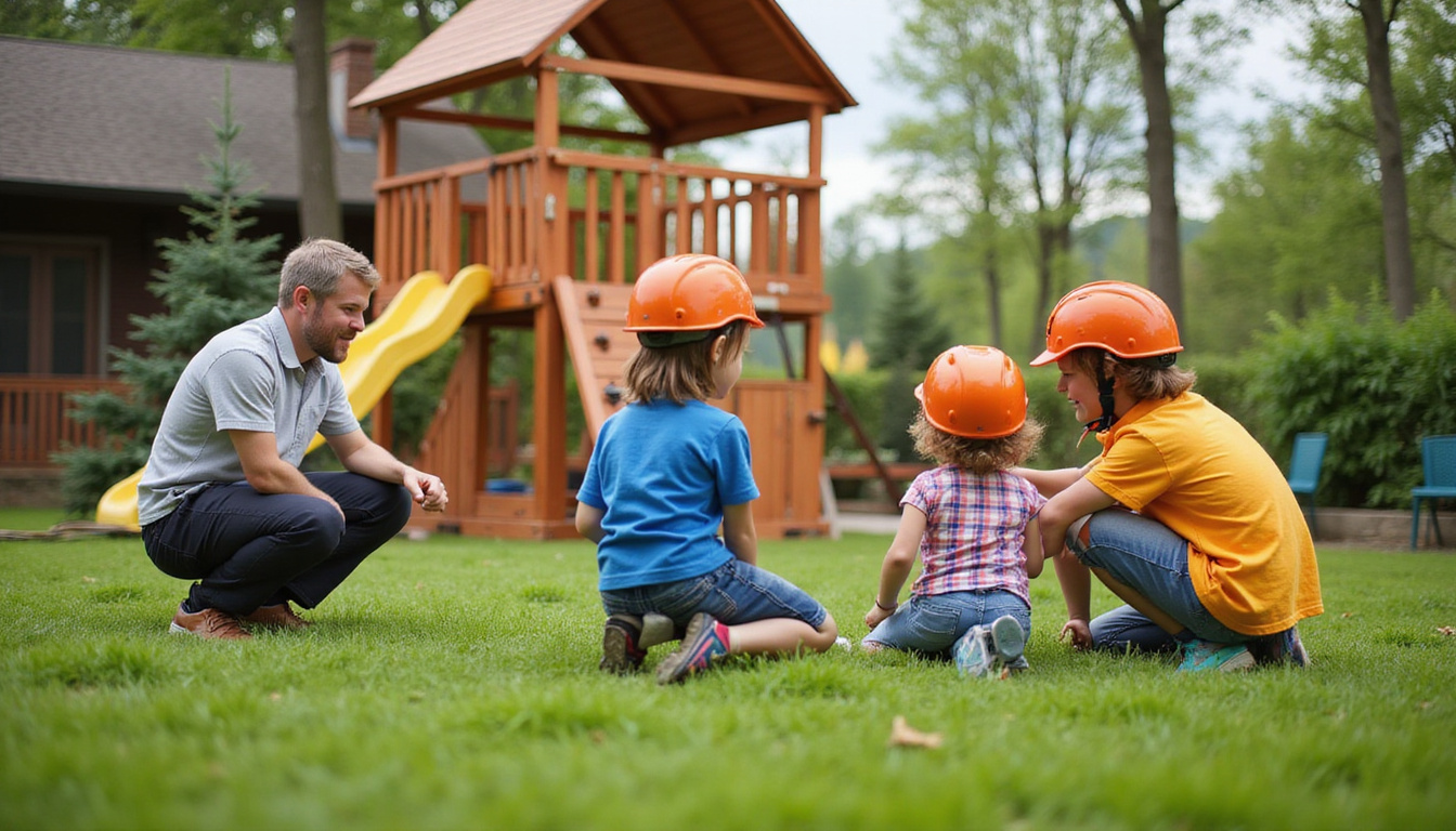  Children watching as professionals dismantle wooden playset, safety helmets, restored lush green lawn, joyful relief