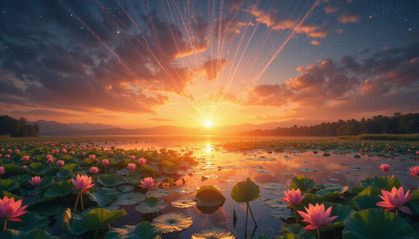  Sunrise over lotus pond, threads of starlight connecting human hands to celestial rhythm