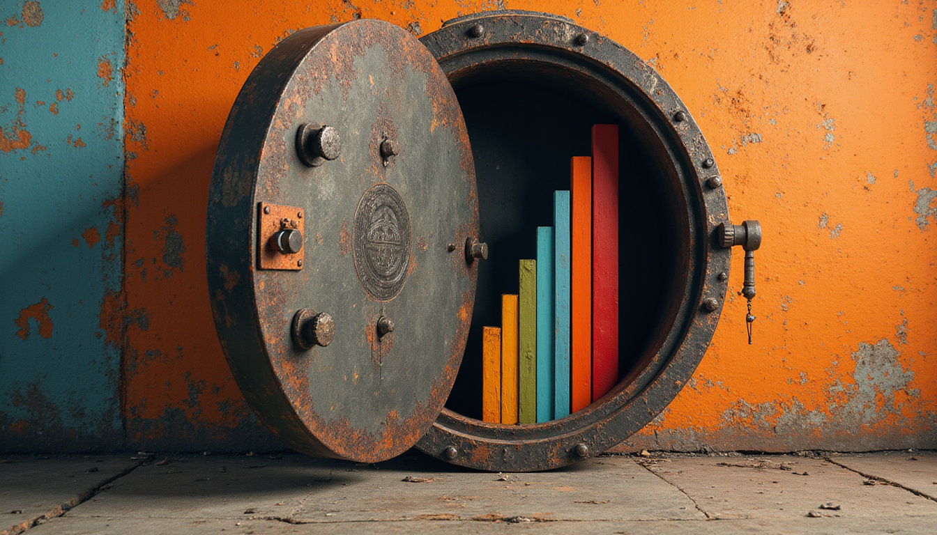  Secret vault opening to reveal vintage ad layouts, bold typography, upward-trending bar chart