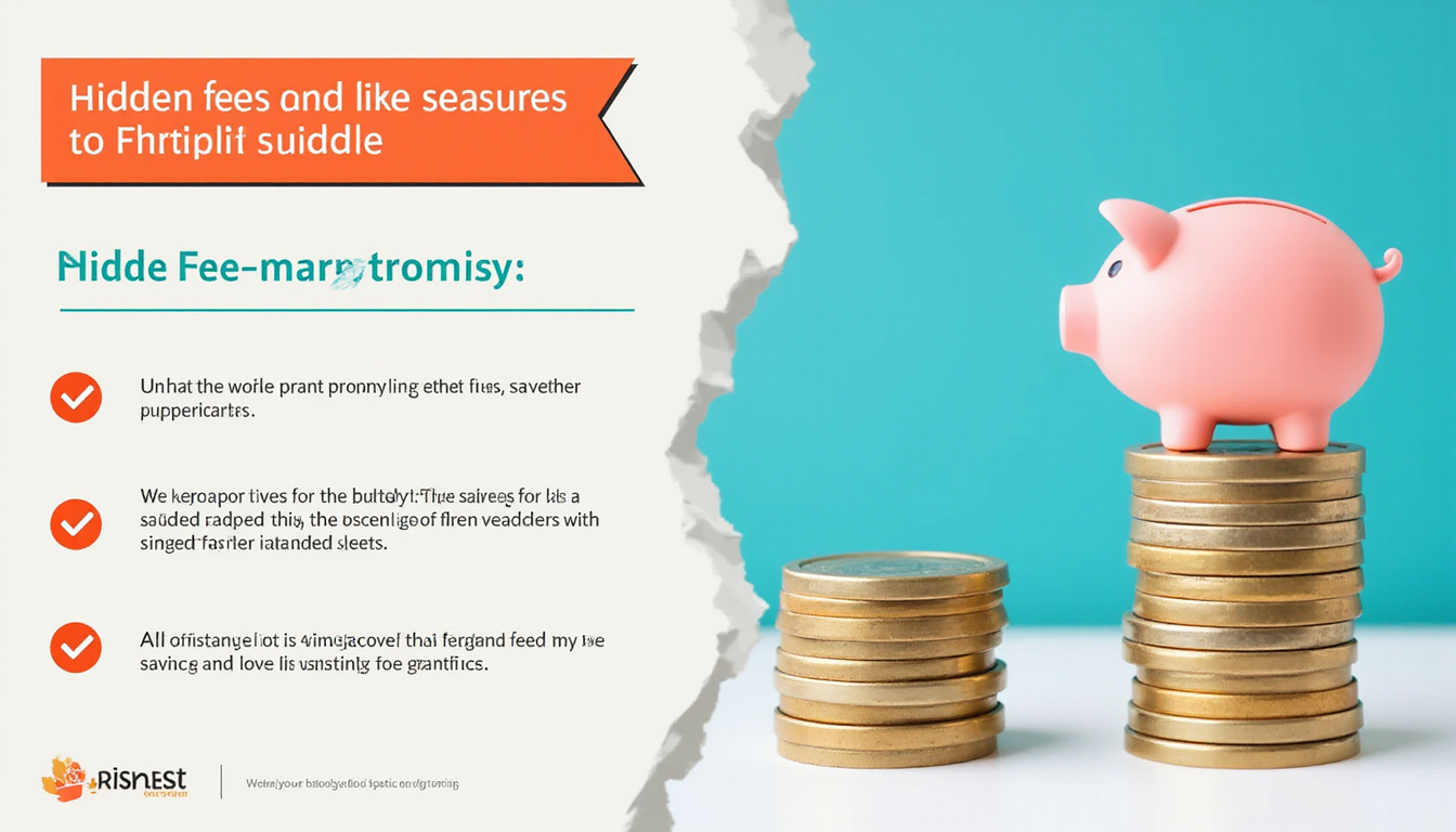  Infographic-style split scene revealing hidden fees, savings checklist, piggy bank, bright optimistic colors