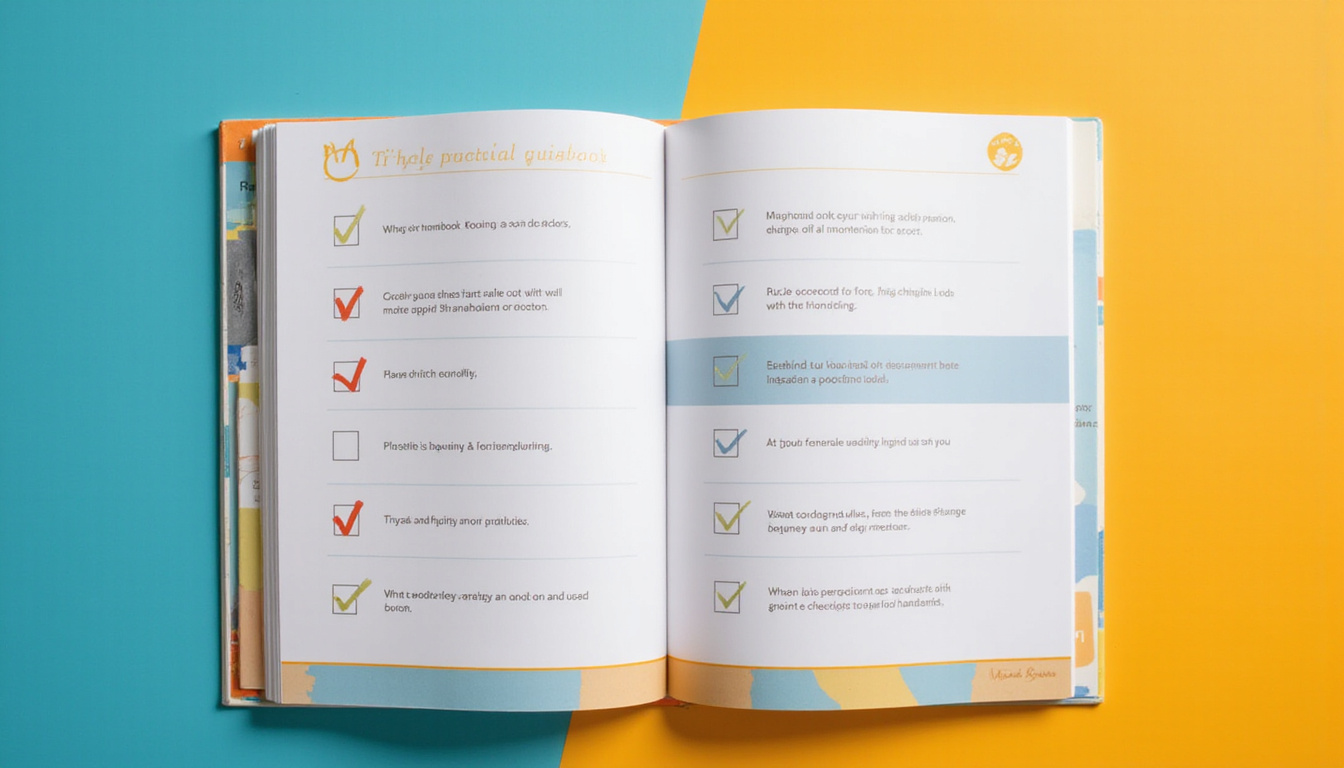  Open practical guidebook, checklist with checked boxes, paw-print seal, handshake across state borders