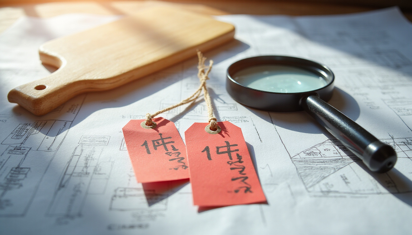  Close-up bid paddle, magnifying glass over blueprints, red price tags slashed, sunlight dramatic