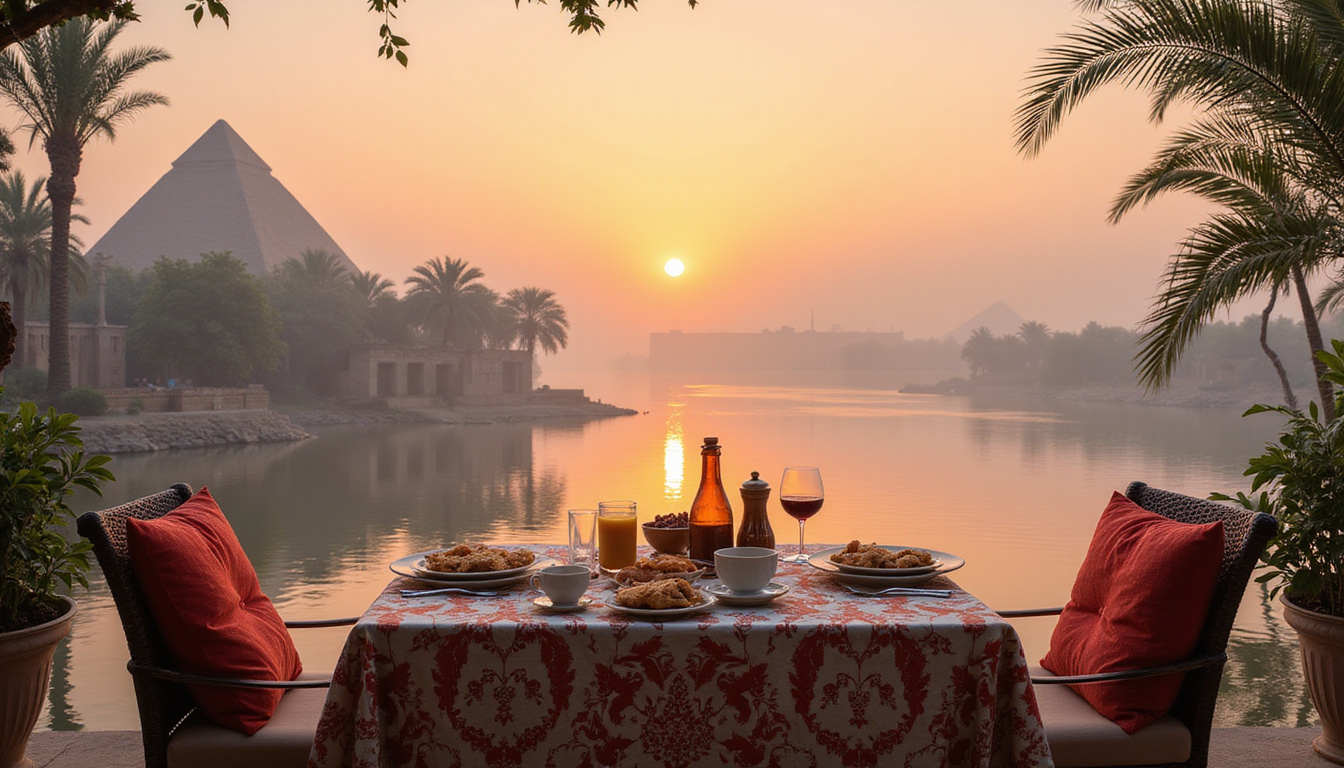  Early morning mist over Nile, ornate sundeck breakfast, palm silhouettes and ancient ruins