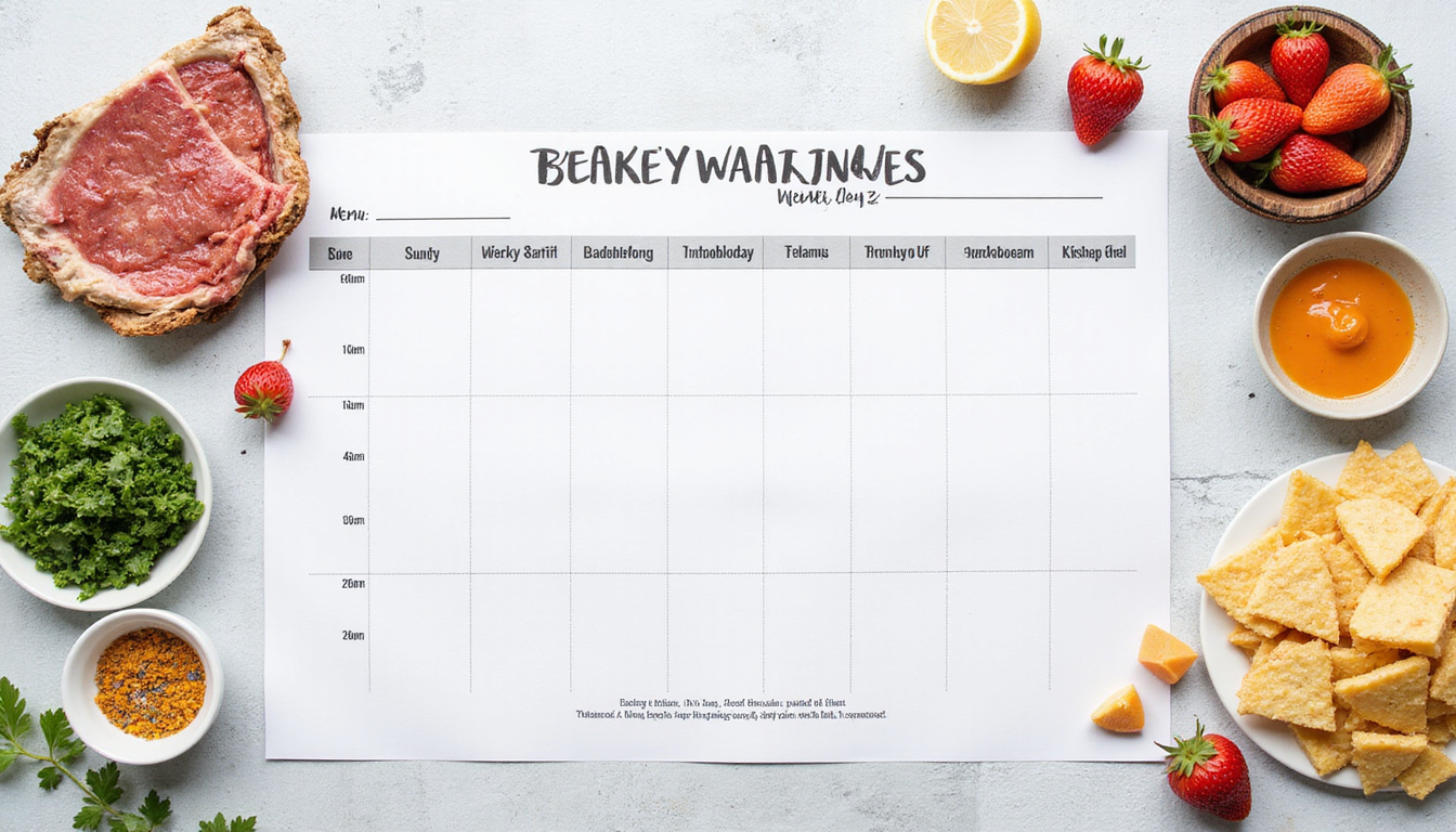  Flat-lay weekly low-carb meal plan, printable large-font menu, fresh proteins, easy recipes