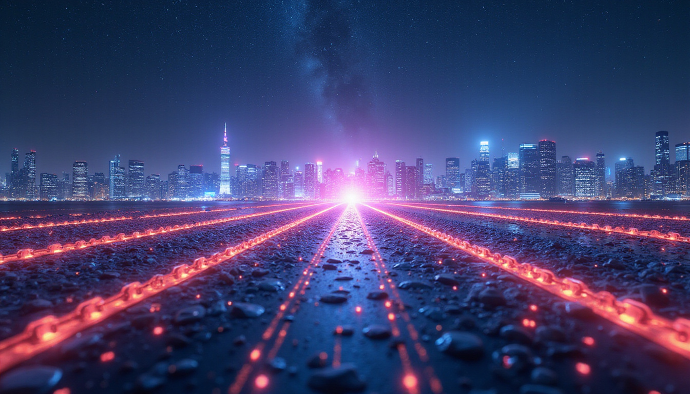  Layer-zero protocol visualized as luminous foundation beneath chains, security shields, speed trails, futuristic cityscape