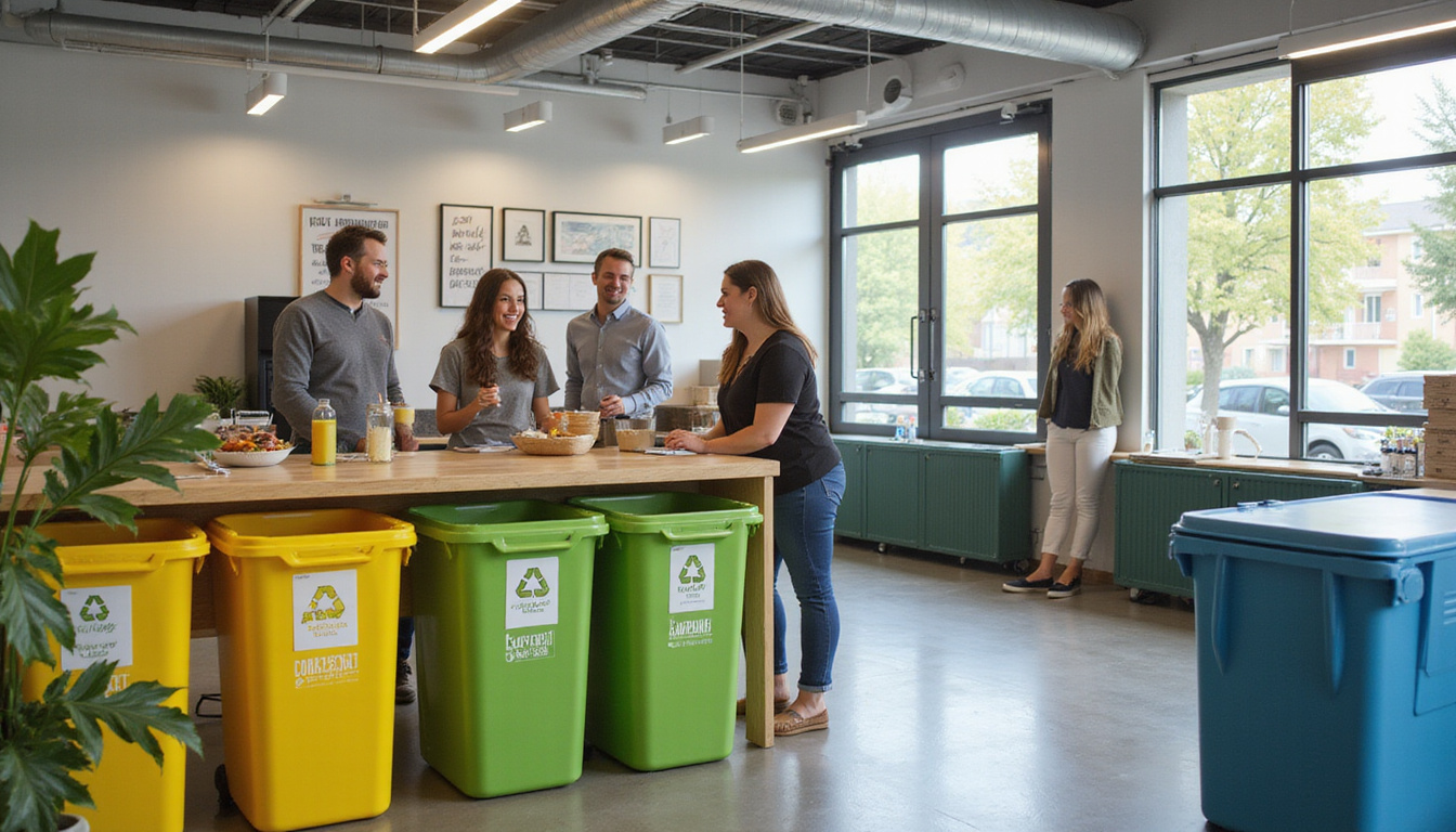  Office breakroom with labeled compost, plastics, paper bins, employees smiling, zero-waste signage, compact baler