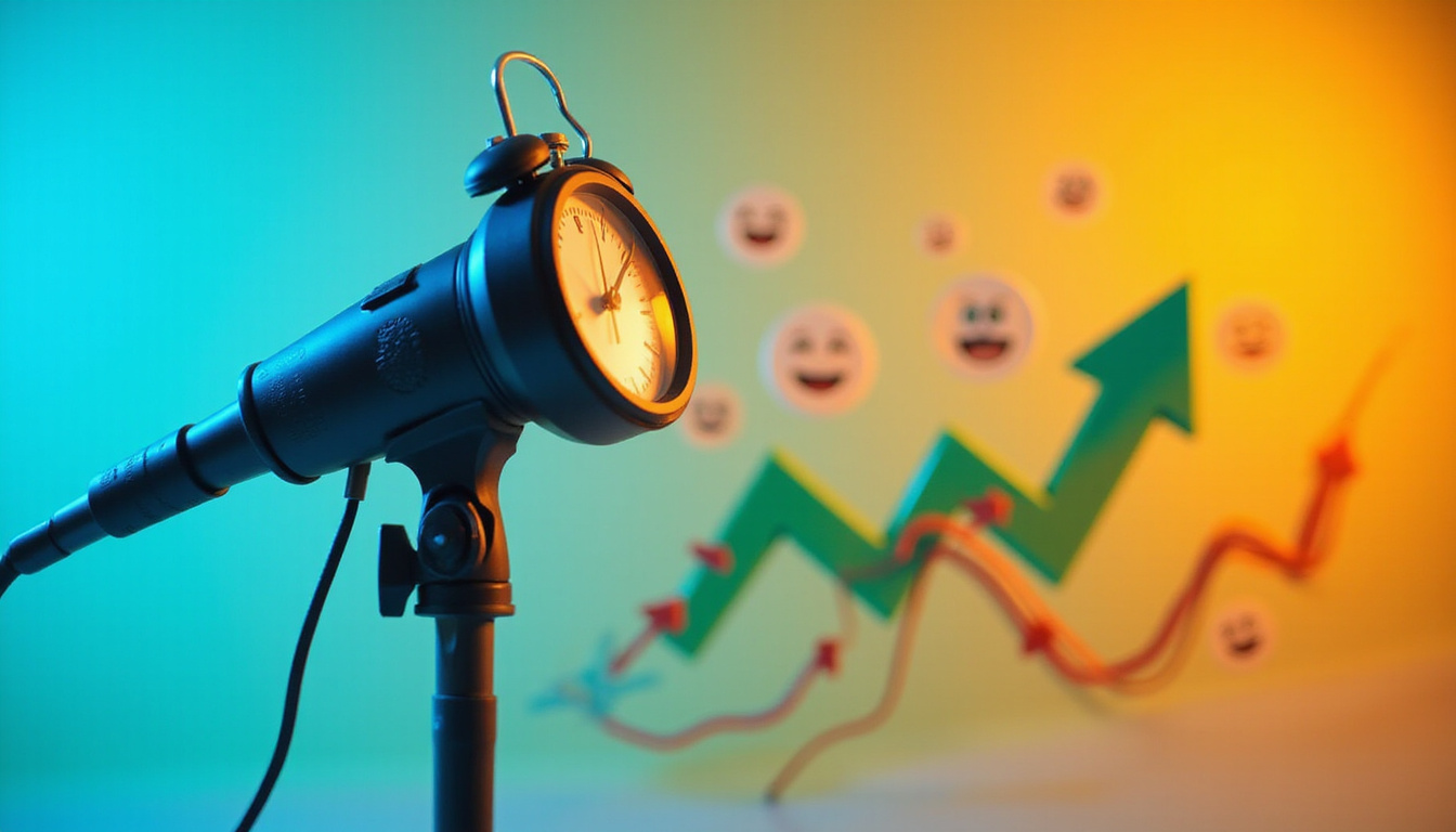  Close-up headset microphone reflecting stopwatch, smiling customer testimonials floating, vibrant growth arrows