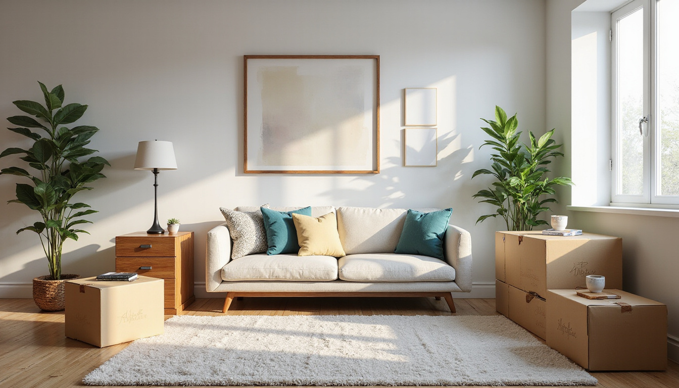  Neat modern living room after affordable decluttering service, boxes labeled donate recycle