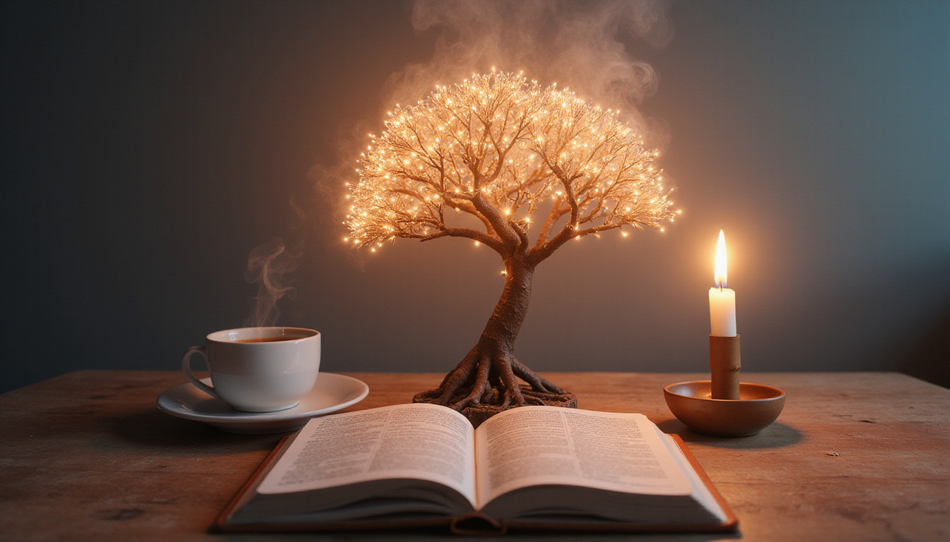  Morning ritual: steaming tea, open journal, candlelight, brain-shaped tree sprouting luminous synapses, soft pastel tones
