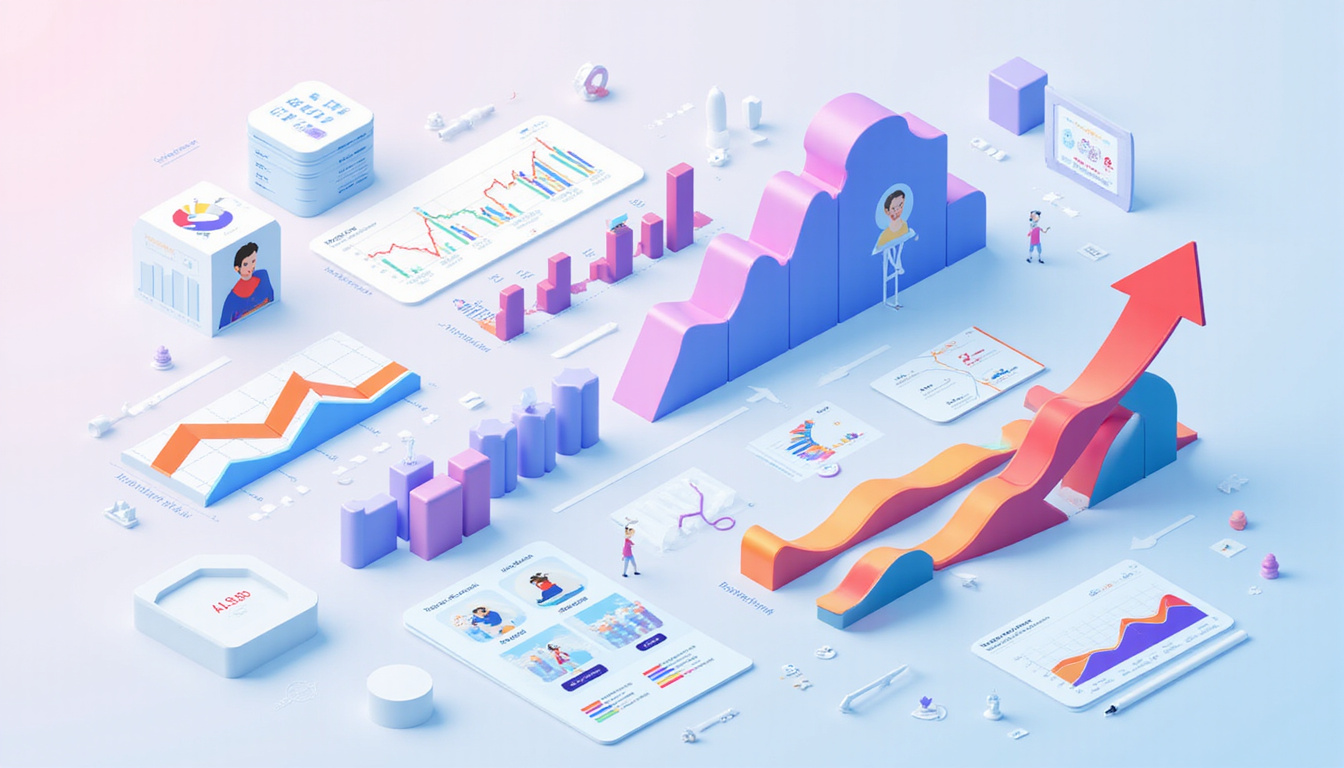  Isometric marketing dashboard with variable data streams, colorful customer profiles, arrows indicating conversion growth