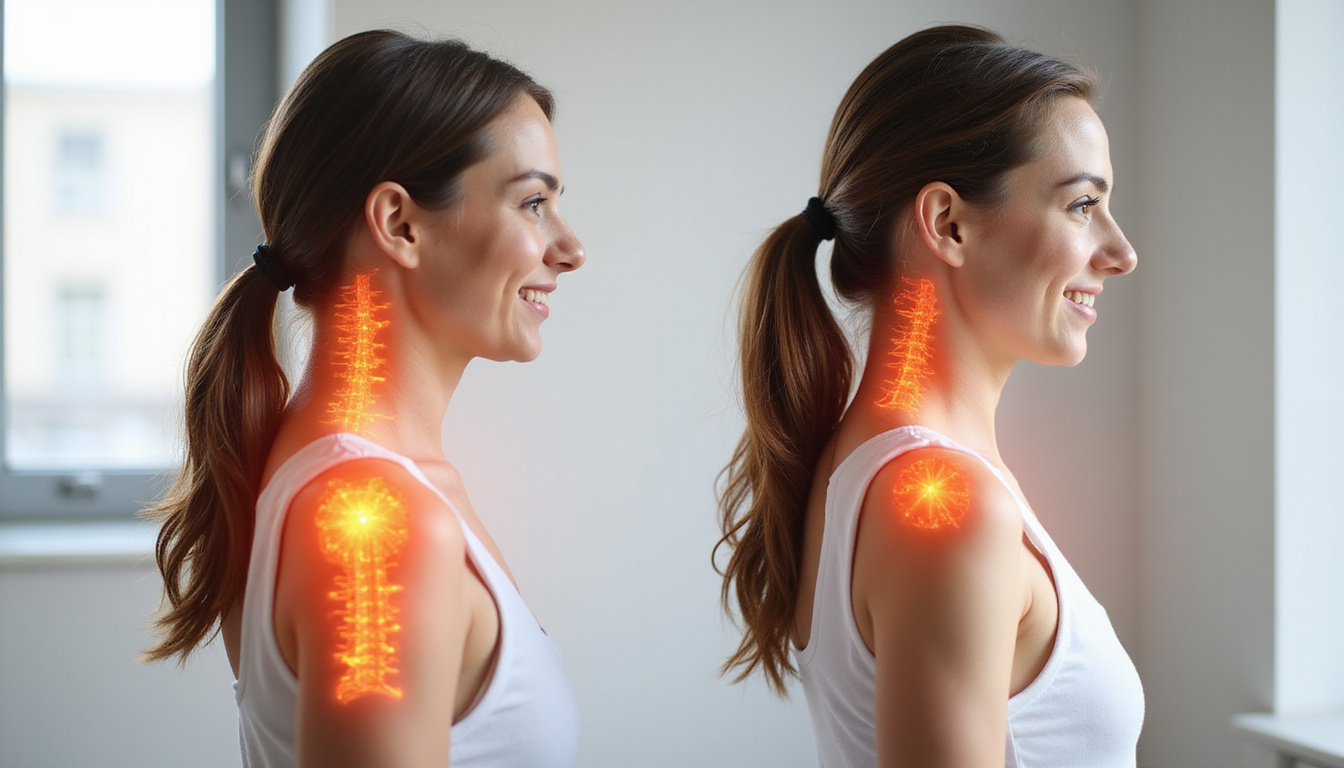  Side-by-side posture improvement, spine overlay highlights curvature correction, patient smiling, natural light