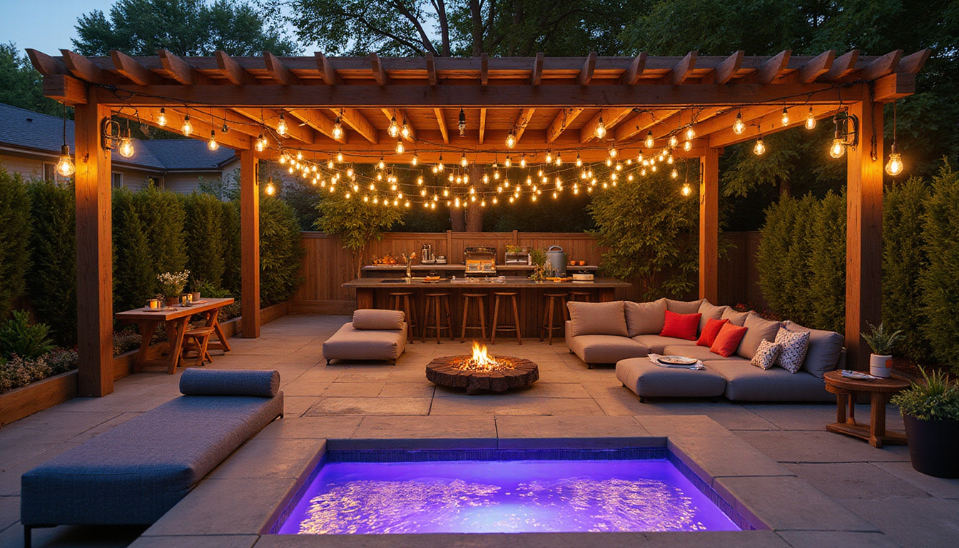  Evening backyard party, pergola with Edison bulbs, retractable countertops, foldaway appliances, cozy modular seating