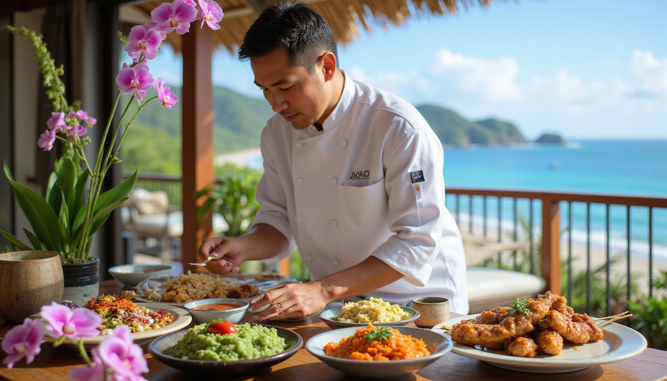  Elegant chef plating colorful sambal, satay, and coconut desserts on ocean-view veranda with orchids