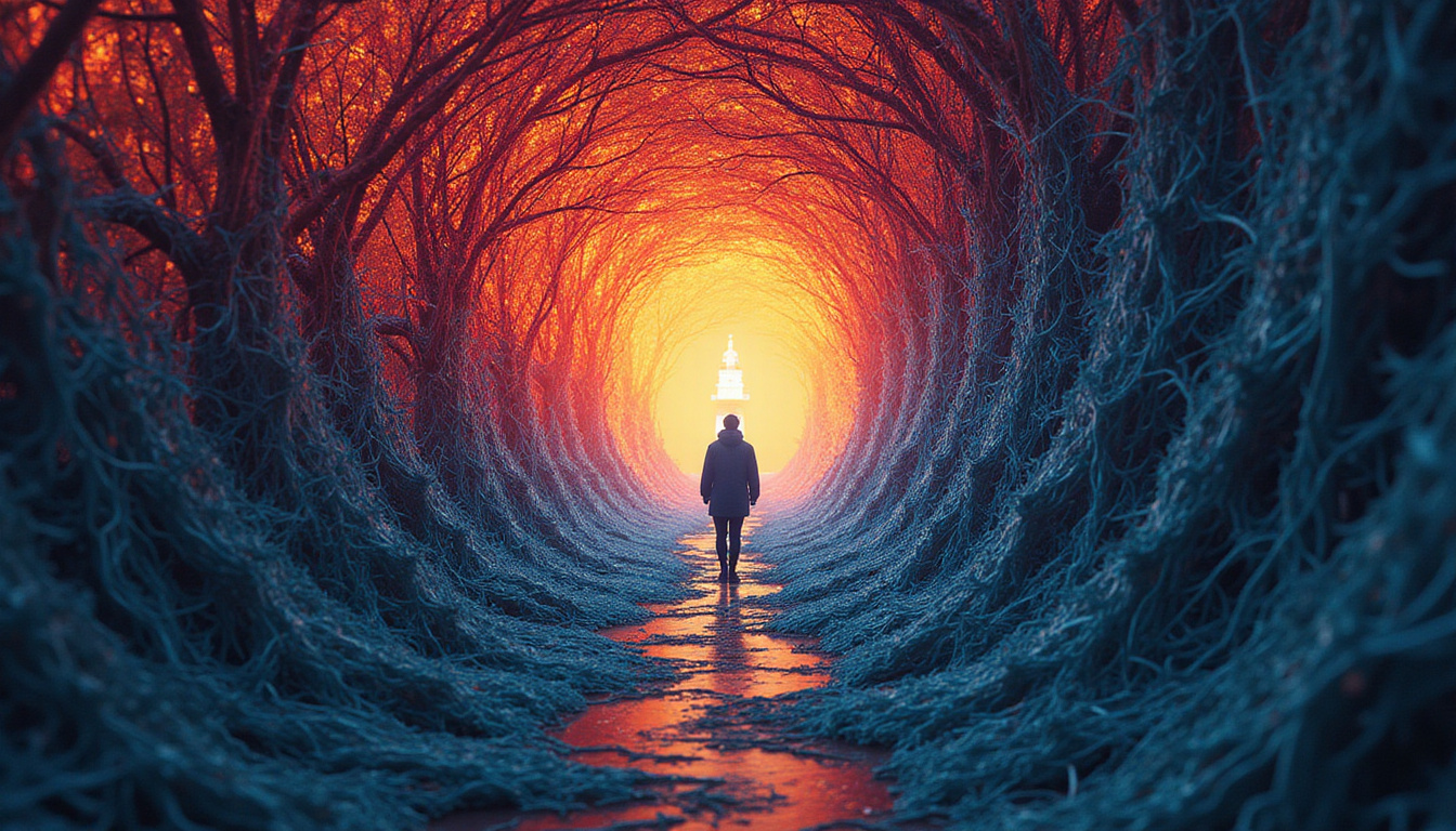  Tangled dark threads unravelling into luminous pathways, person walking toward distant bright lighthouse