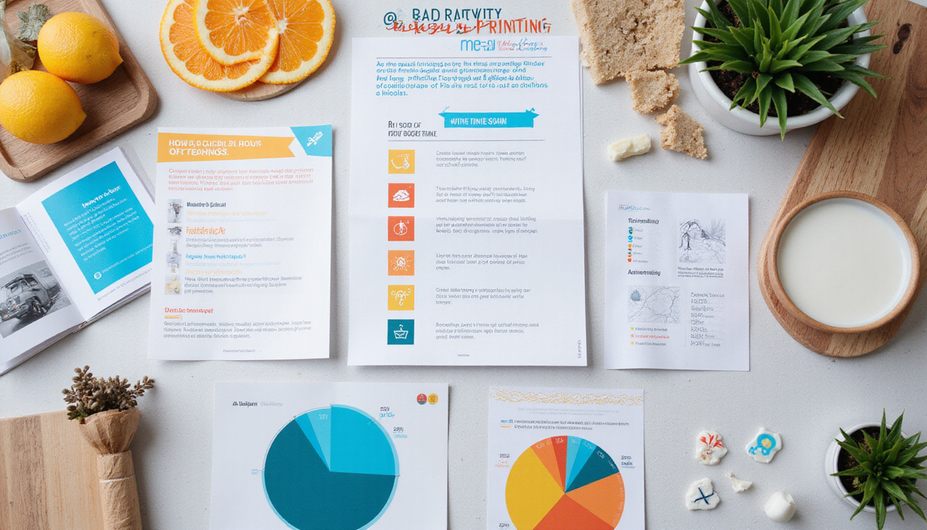  Infographic-style flatlay: cost-saving commercial printing hacks, ink gauges, templates, confident entrepreneur
