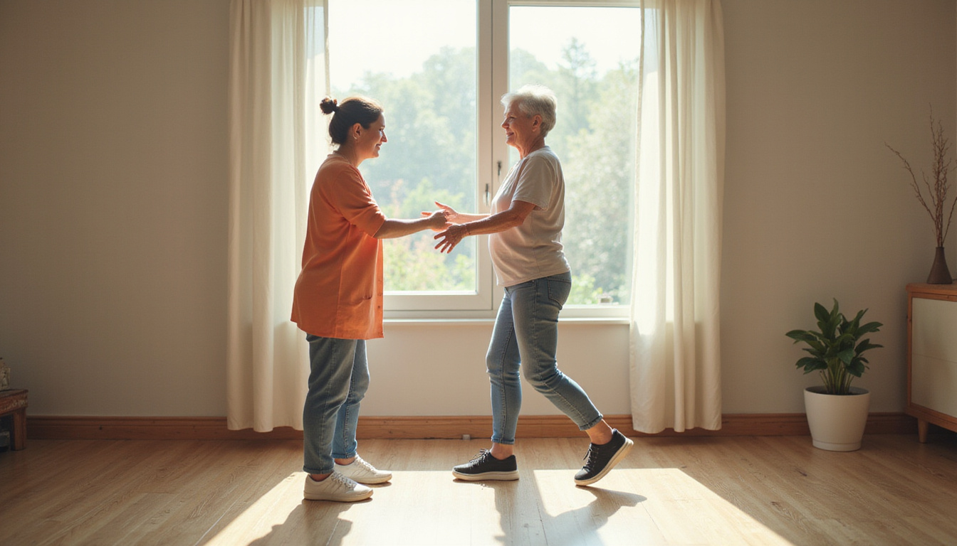 Elderly woman practicing balance exercises with attentive caregiver by sunny window, sturdy shoes, clear pathway
