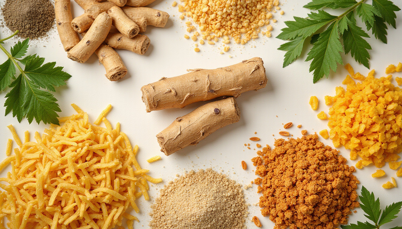  Natural testosterone elements: ginseng, fenugreek, zinc-rich foods arranged artfully, symbolic testosterone molecule overlay