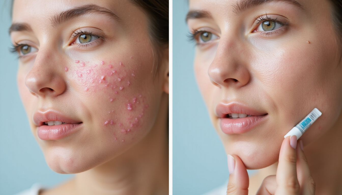  Before-and-after close-up: inflamed acne to clear skin, labeled topical spironolactone tube, scientific chart