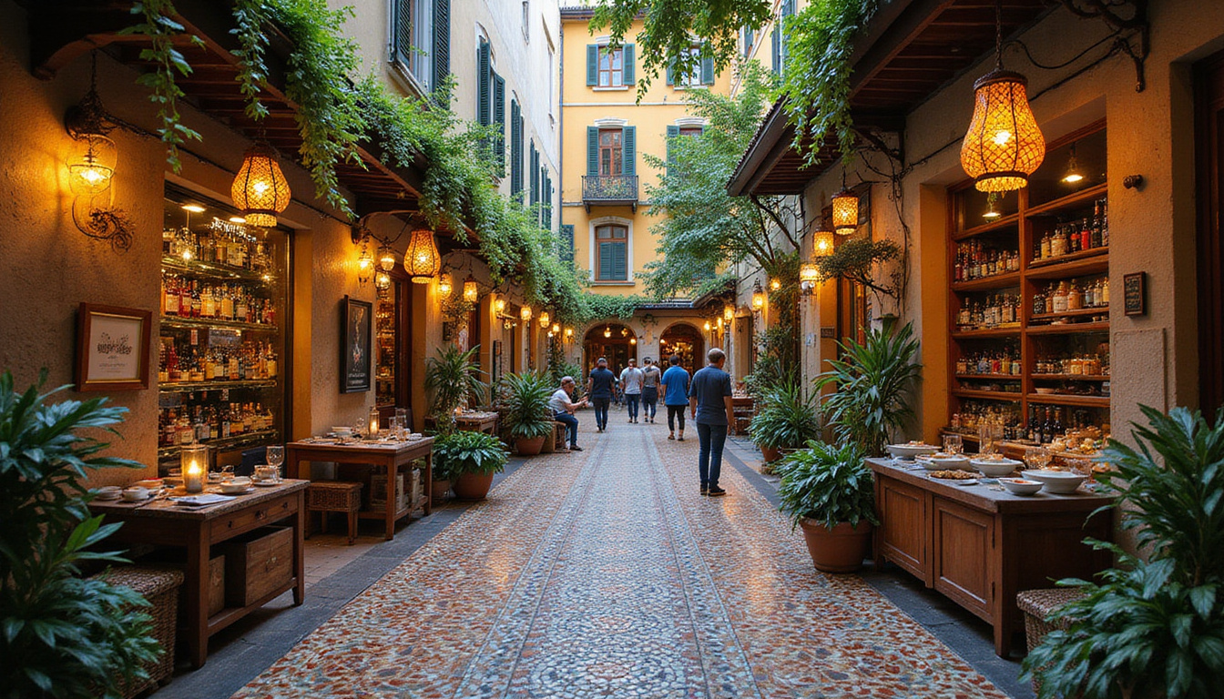  Hidden courtyard bazaar with mosaic tiles, lanterns, colorful stalls, locals sipping tea, intimate atmosphere