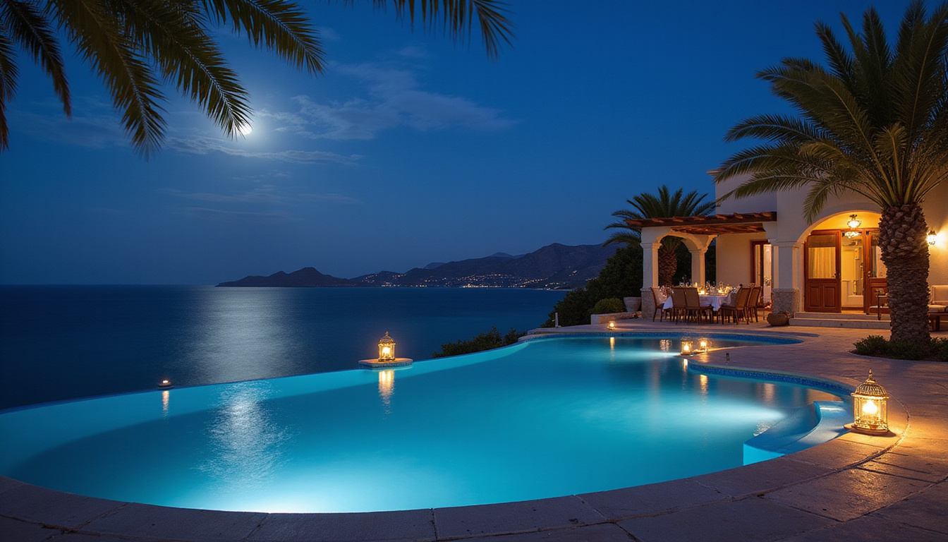  Secluded Red Sea villa with moonlit infinity pool, palm fronds, lanterns, intimate dining
