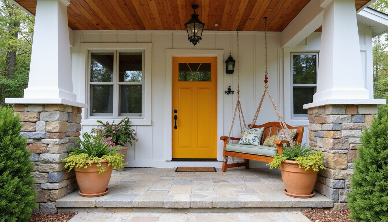  Cozy traditional porch with stone steps, cedar ceiling, hanging swing, colorful door, layered planters, soft cushions