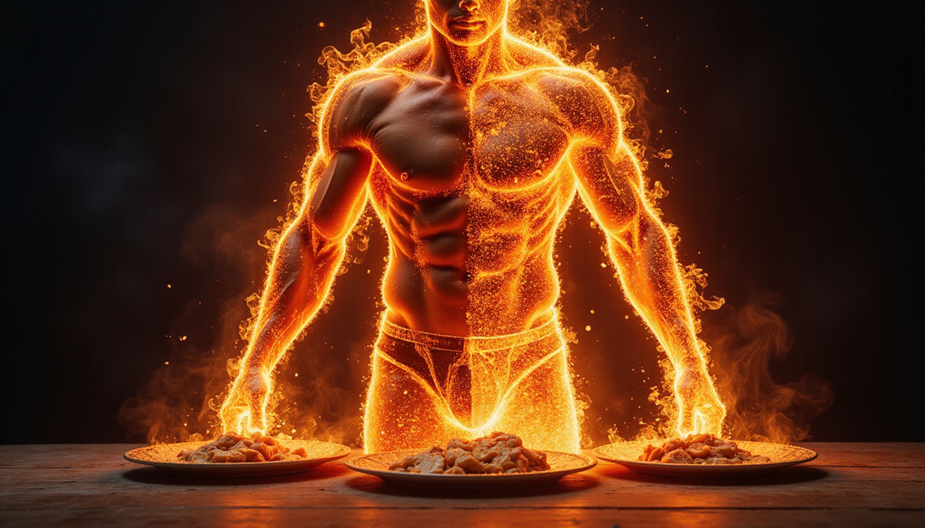  split-image: muscular silhouette burning fat, plates showing macro percentages, vibrant high-contrast colors