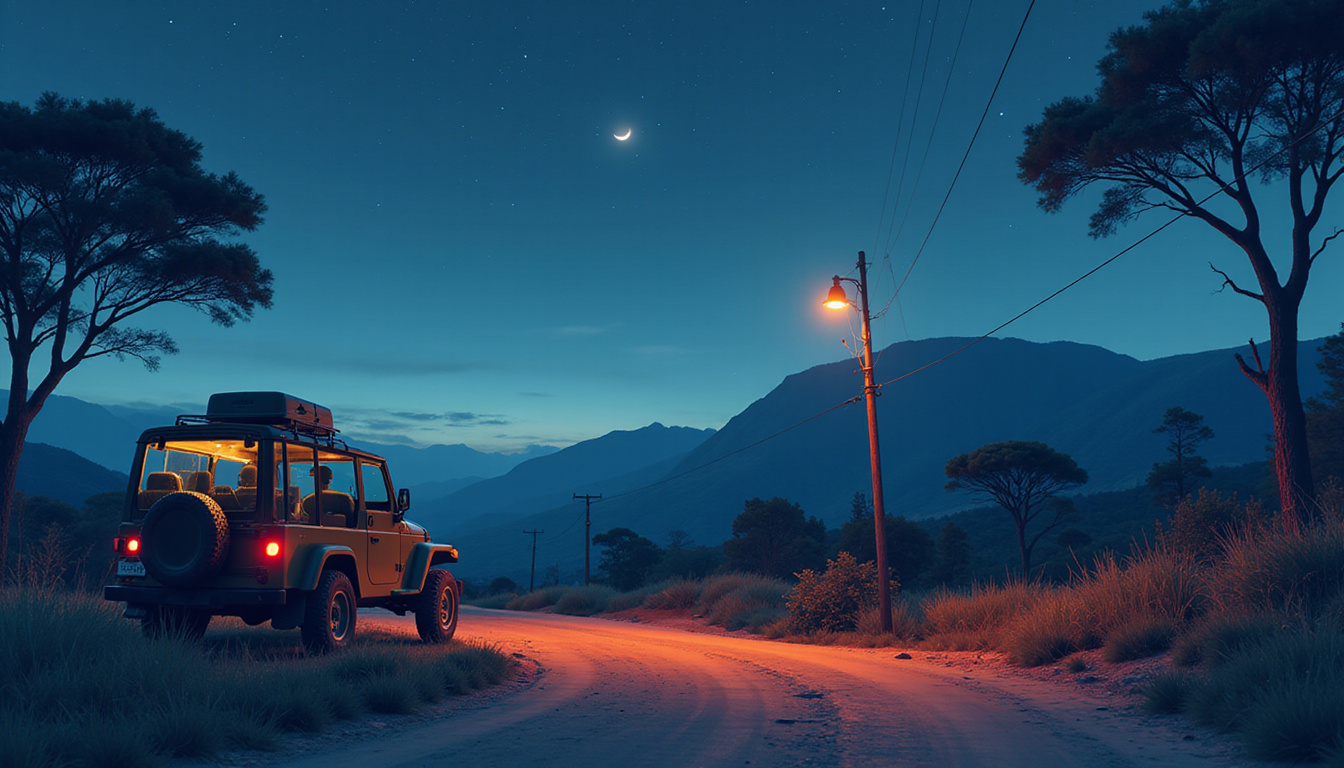  Ilustrasi peta rute terbaik, tiket hemat, safari malam dengan jeep, lampu oranye hangat