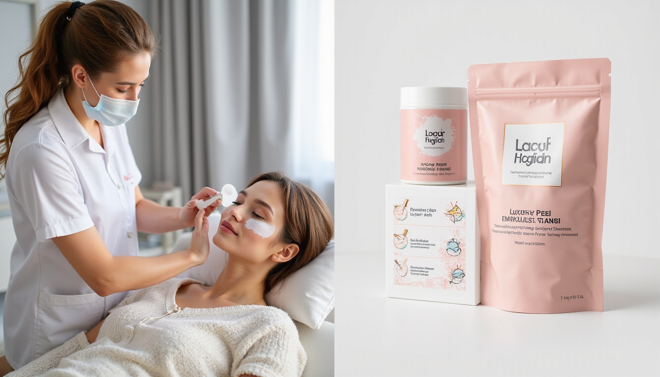 Dermatologist demonstrating patch test on patient, safety checklist, elegant luxury peel packaging displayed