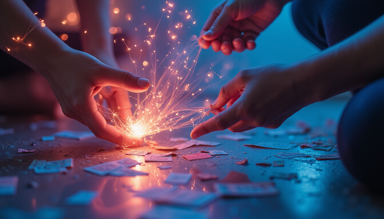  person in soft light untangling glowing nerve threads, steps written on floating cards