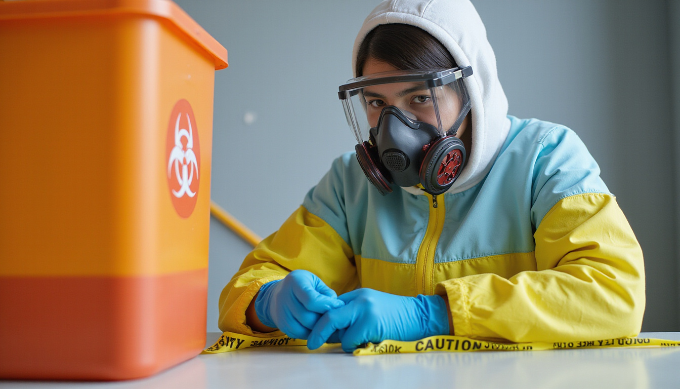  Worker with respirator and gloves next to biohazard container, caution tape, decontamination station