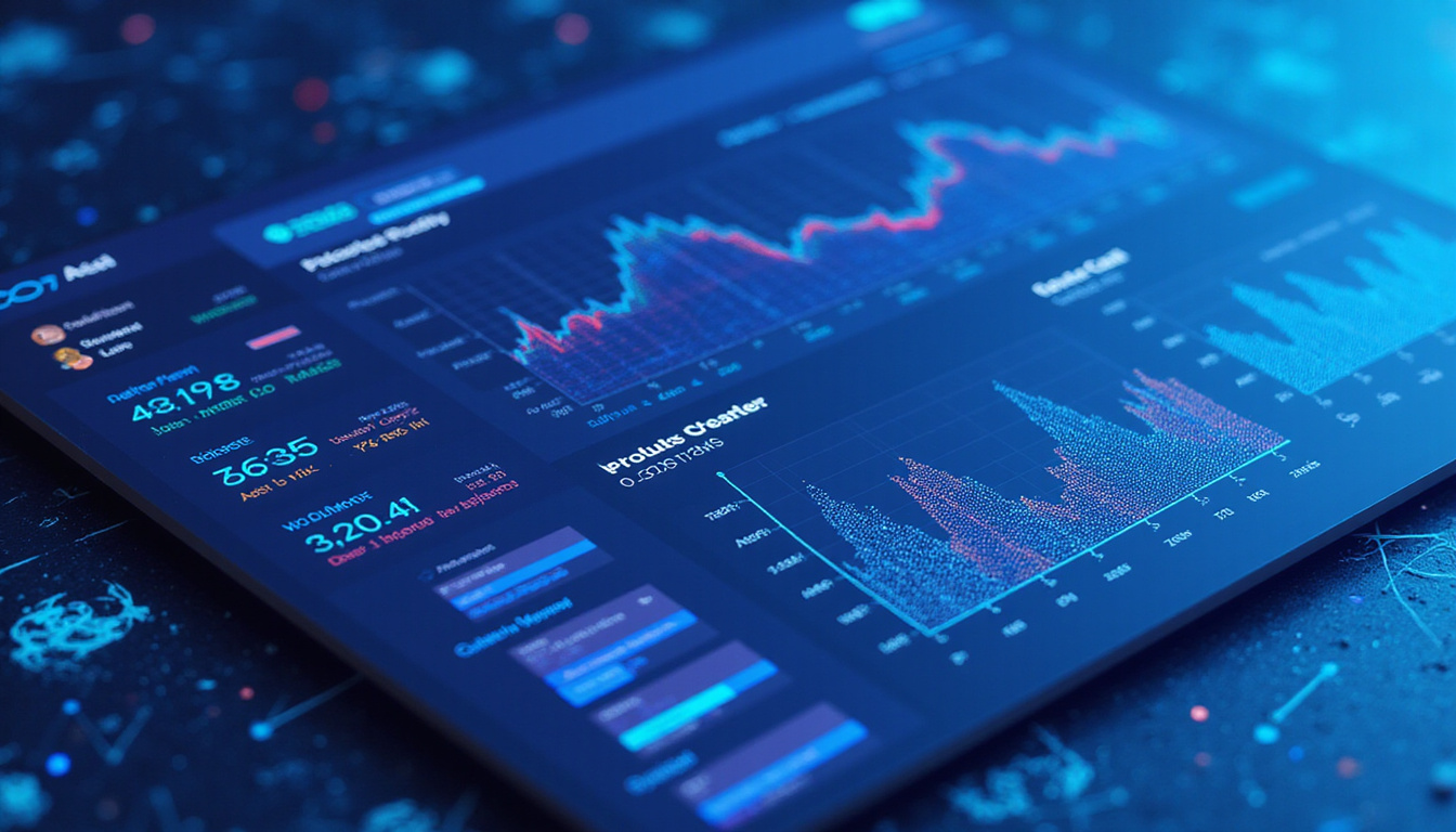 Isometric dashboard interface, live call heatmaps, KPIs, productivity boosts, sleek blue neon design