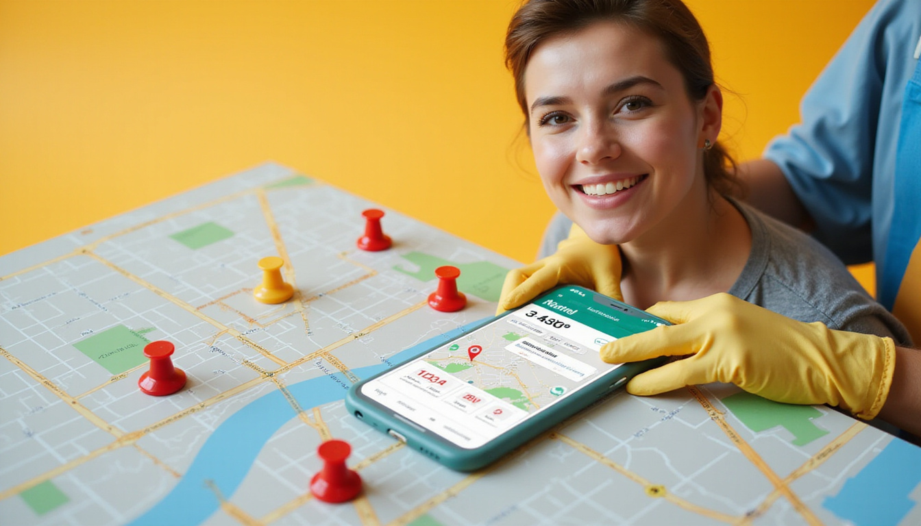 Mobile app map with nearby pickup pins, affordable price tag, smiling worker with gloves