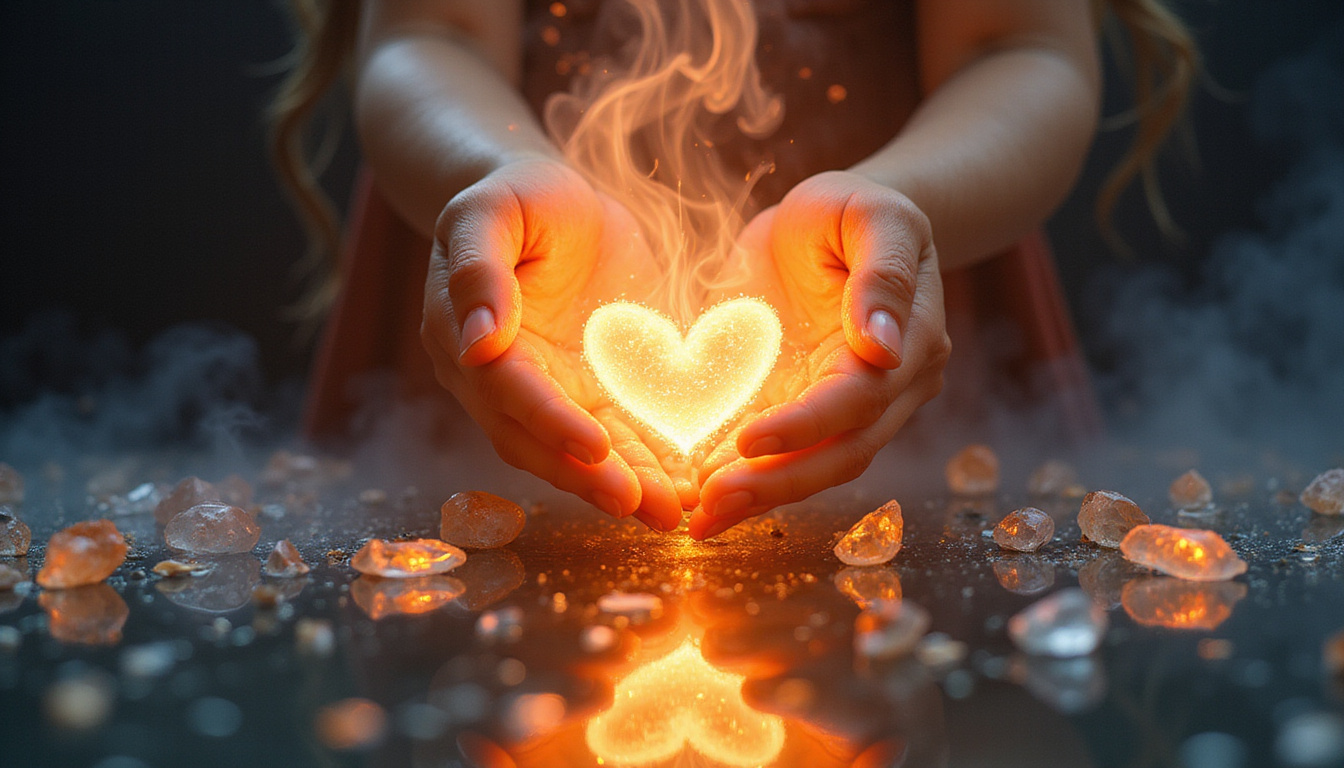  Hands radiating warm light over mirror, crystals, smoke spirals merging fragmented selves into glowing heart