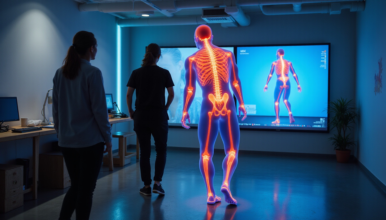  Clinical motion analysis lab, therapist observing gait with digital heatmap, pinpointing hidden pain sources