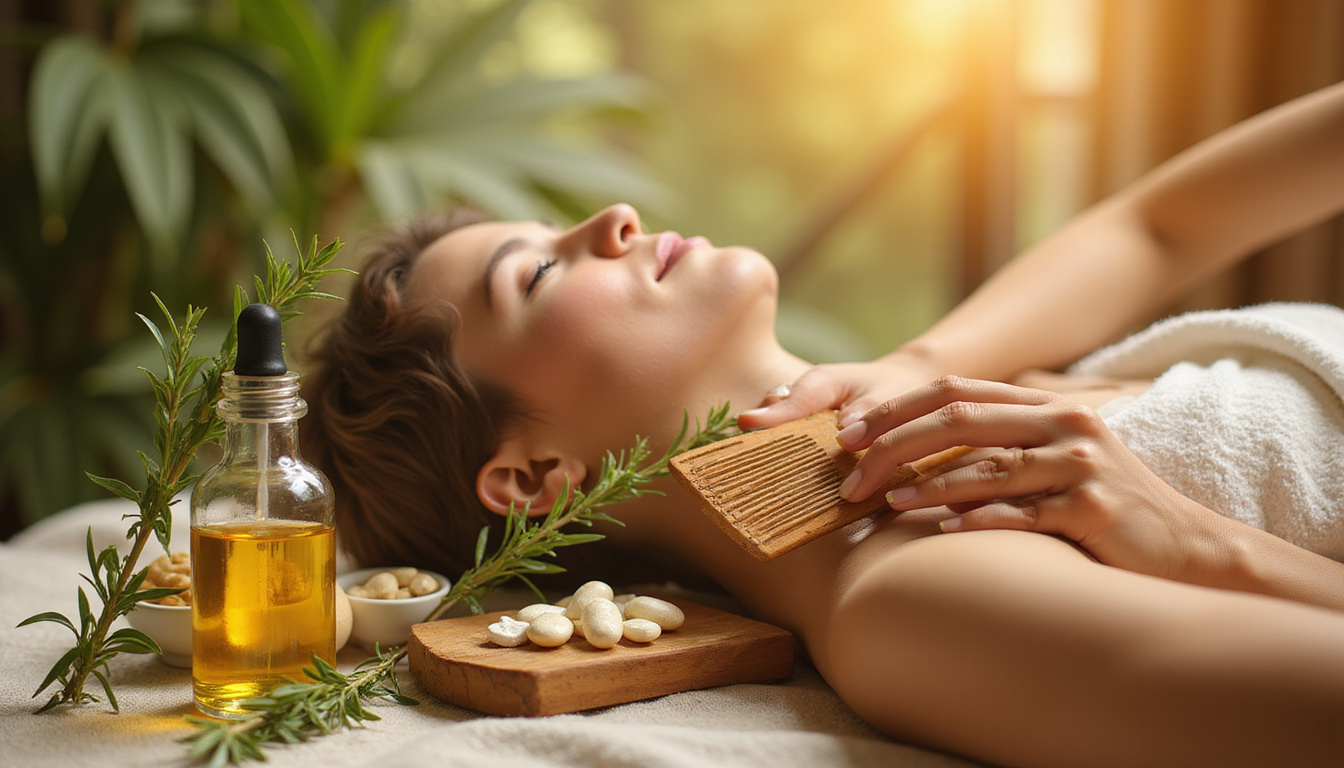  Close-up of scalp treatment: rosemary oil, wooden comb, nutrition supplements, warm natural light