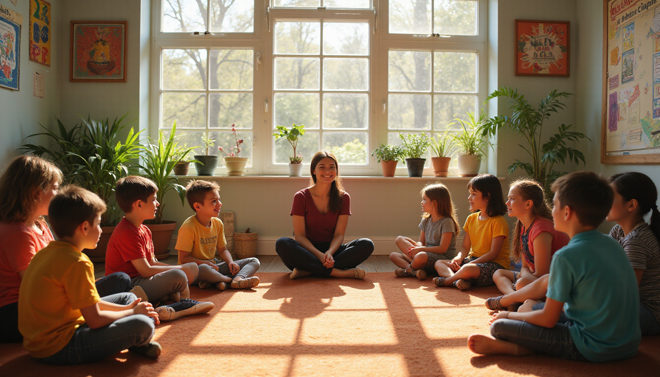  Warm classroom circle, teacher calmly mediating diverse students, sunlight, plants, repaired relationships, colorful posters