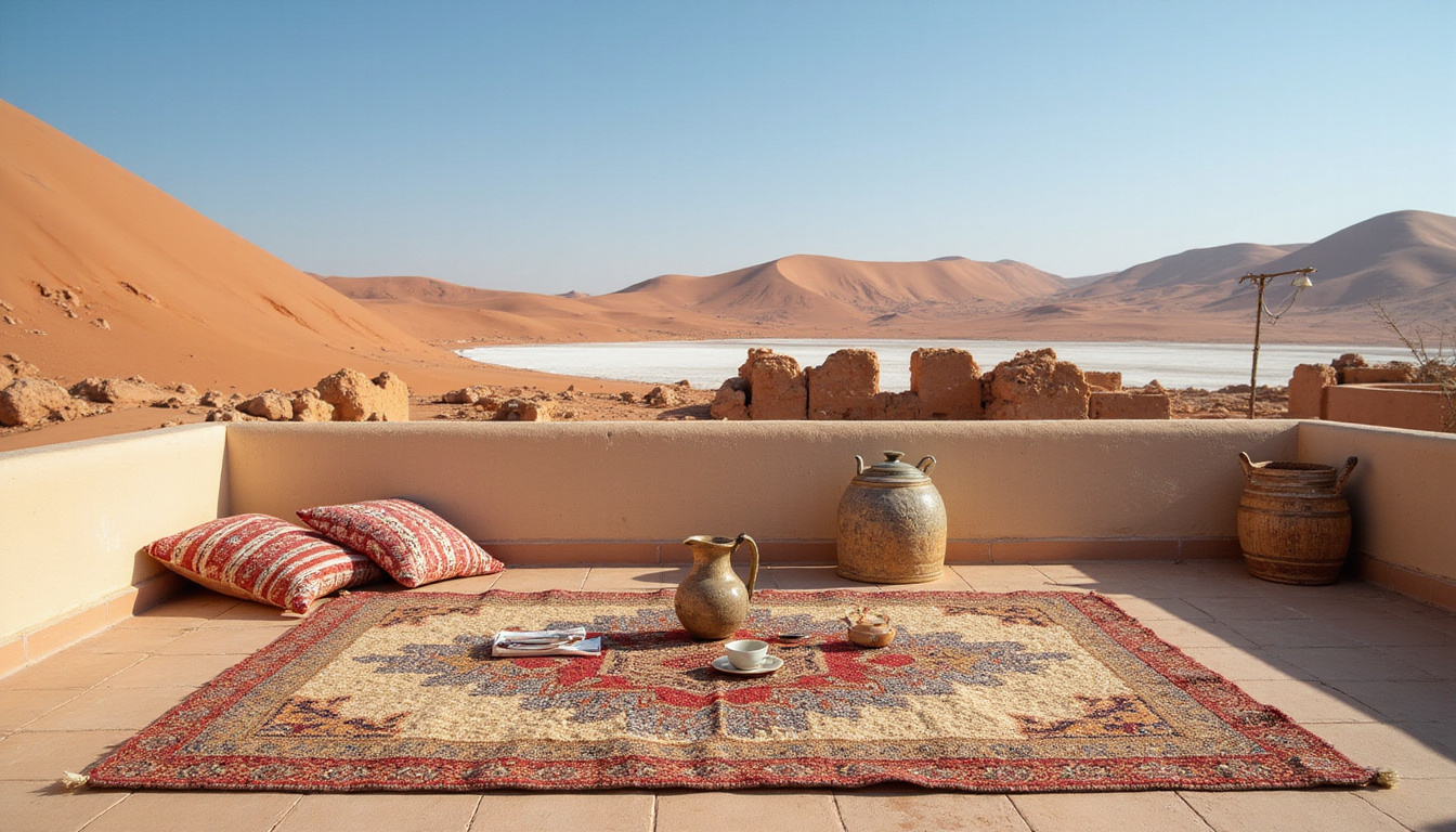  Rooftop terrace with woven rugs, tea set, Shali ruins, dunes and salt flats