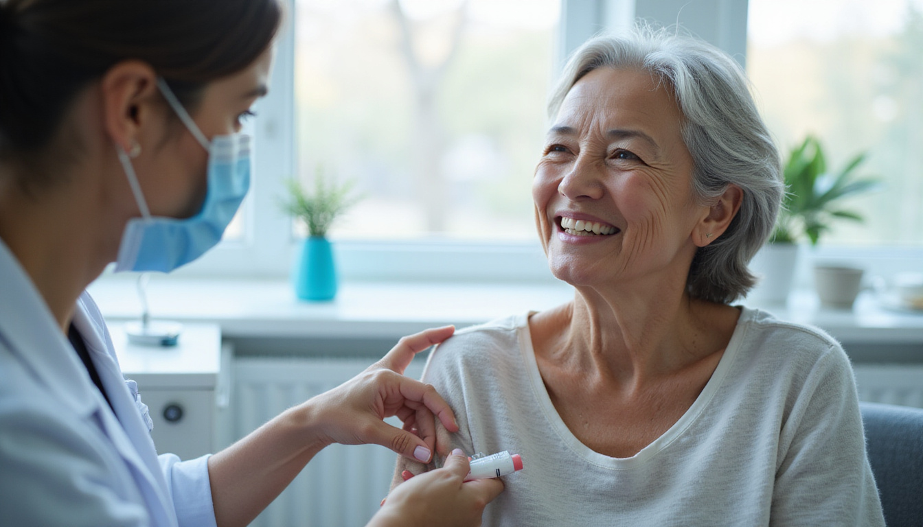  Clinician administering minimally invasive synovial fluid replacement injection, serene clinic, relieved elderly woman smiling